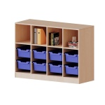 ErgoTray Regal, 4reihig, 2,5 OH,  oben 4 Fächer unten 8 hohe BoxenB/H/T 138,7x100x40cm 